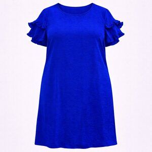 NWT HOTOUCH Bright Blue Ruffle Sleeve Jersey A-Line Dress Crew Neck XL Casual